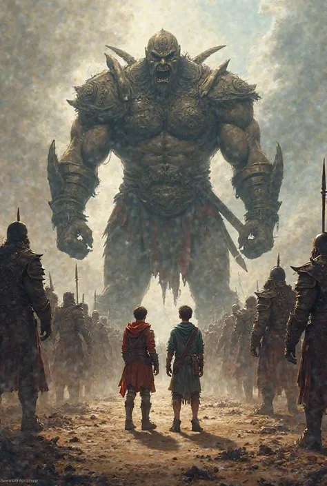 Caleb and Josué surrounded by giant men on the battlefield 