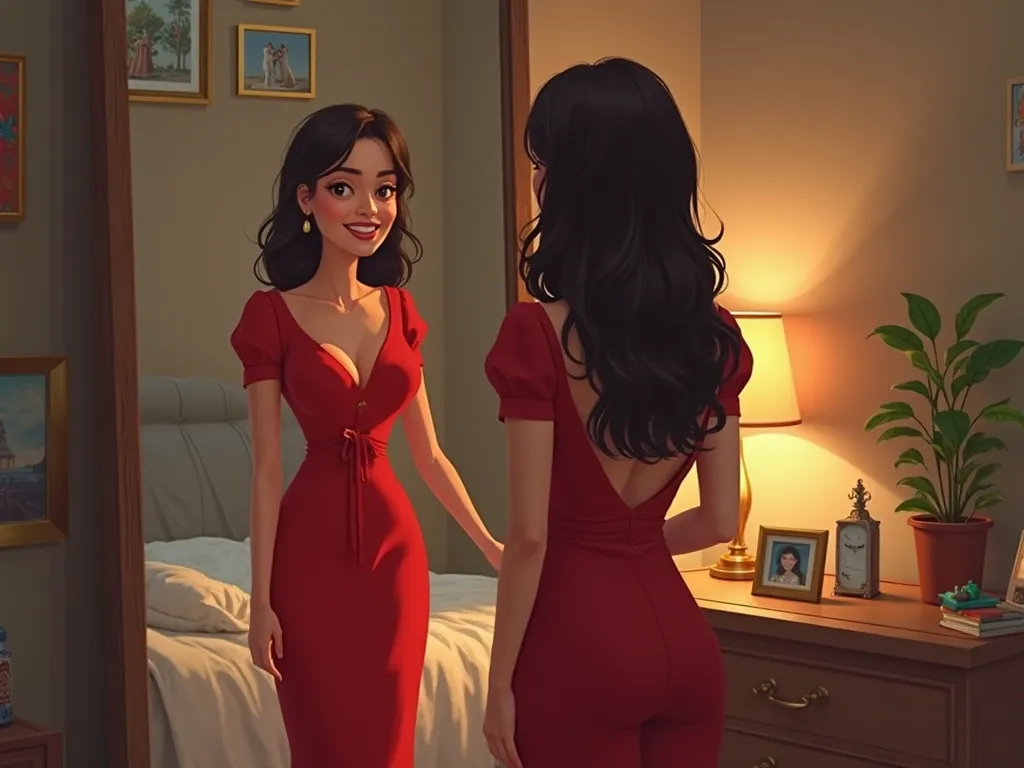 20 year old brunett egyptian girl trying on her red dress in her room and is happy. the dress shows little to no skin
