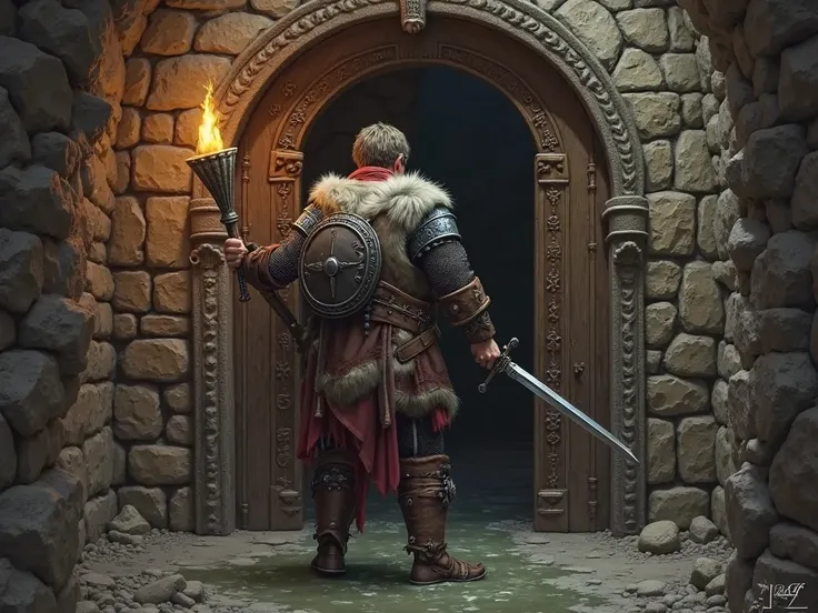 medieval warrior with his back at the door of a dungeon holding a torch in his left hand and a short sword pointed downward in his right, His shield is on his back and he has simple fur armor mixed with mesh with detonated parts and with plenty of combat m...