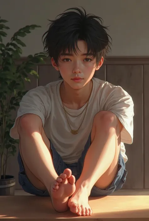 18 years old boy wearing school dress and barefeet and he is laying his feet on table , realistic feet , his face is so beautiful 