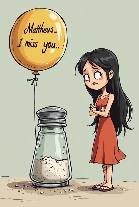 Create the image of a cartoonized salt shaker with sad features. A balloon saying Mattheus I miss you (in Portuguese pt-br.). Next to the salt shaker place an Malvada,thin white long hair (Almost up to the ass) and straight black hair. With folded arms and...