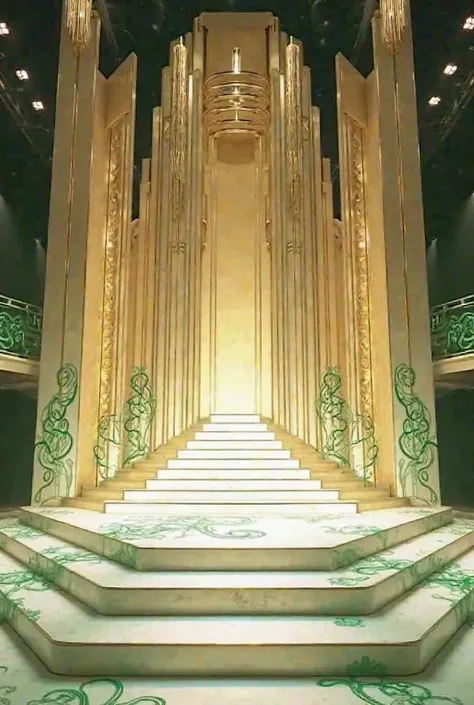 A modern pageant stage in a big venue with big stairs at the back, NO human and lights included the Gold and white with little green Design theme