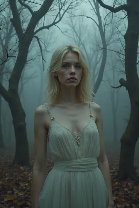 40-year-old blond woman with blue eyes in ghostly forest 