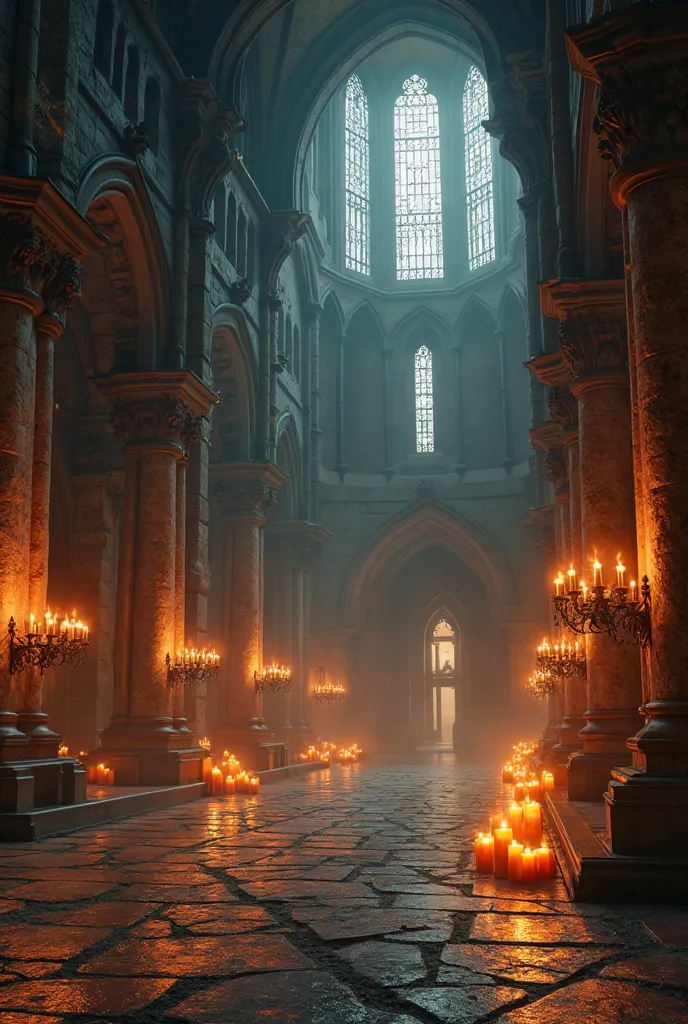 Large castle hall with orange candles and the weather is dark but the candlelight illuminates everything