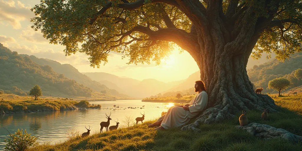 A hyper-realistic, 4K, cinematic depiction of Jesus Christ sitting beneath a massive, ancient fruit-bearing tree, resting in peaceful contemplation. His long, flowing robes drape naturally over the grass as he leans gently against the tree trunk. A divine,...