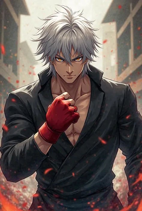  Male character, anime,  medium white hair ,  Yellow Eyes, Muscular, black jacket, red karate glove 