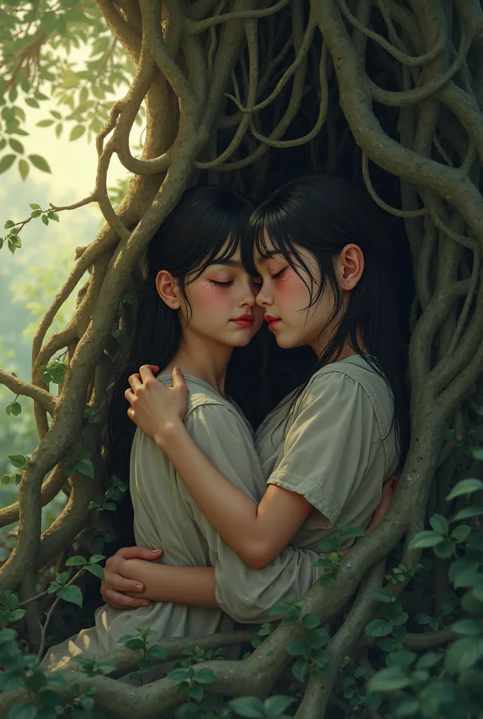 The daughters survive(sunrise. Luna and Nina wake up hidden in the roots of a tree. They hug each other, crying.)