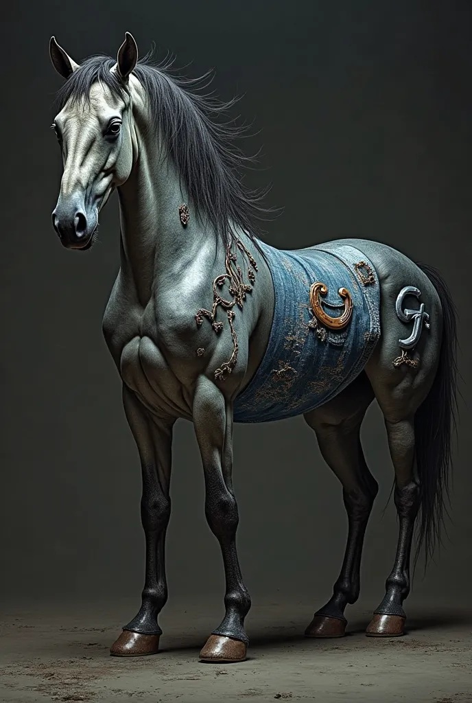 An image of a horse that also contains the elements jeans and a horseshoe and that has the letters CMG