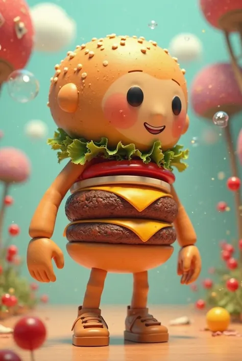 Make an animated image of a hamburger that has a human body but with ingredients from the hamburger with a waist and large bubbles 