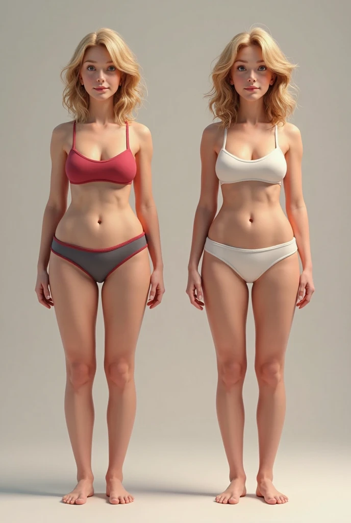 Draw a normal weight  with slightly curly blond hair at  on the left side, and the same , who has reached 68 kg in six months, realistically and only wear a swimsuit