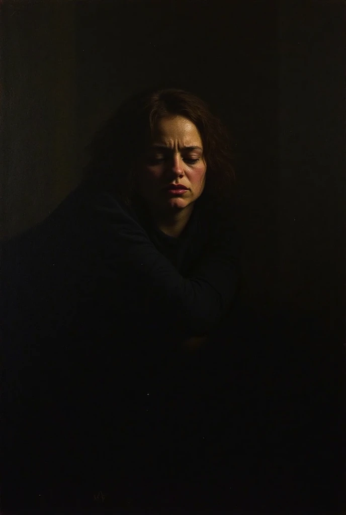 Oil painting portrait of a person sitting in a dimly lit room, the face partially illuminated by a soft light source, expressing profound inner distress. The shadows envelop the rest of the scene, accentuating the contrast between light and dark, In classi...