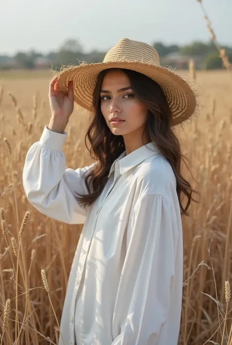  realistic photo, Latin woman in a field of barley and dry foliage, wearing a white dress shirt with long sleeves, holding a straw hat over his head 