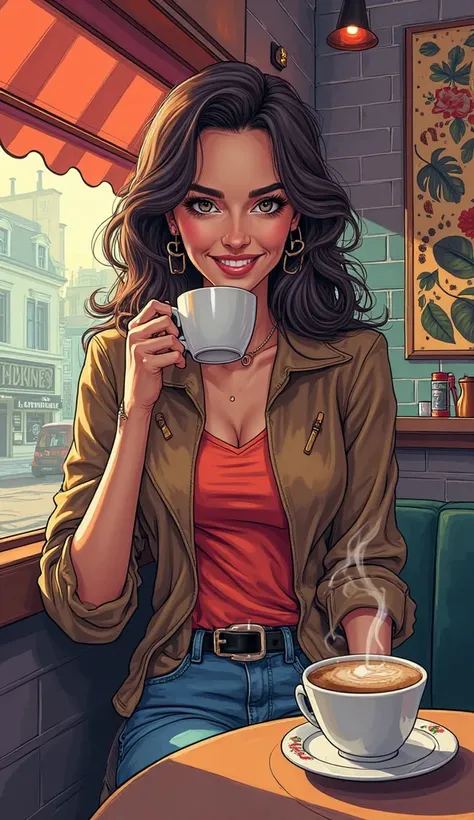 DISCREET image. with discreet casual clothes. image adult woman, american, just comic book style. with a smileface. IMAGES WITH VIBRANT COLORS. drinking coffee in a café