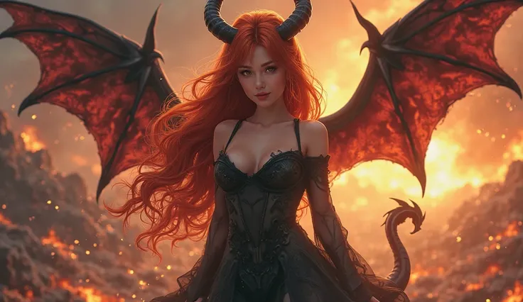 1 girl, high resolution , masterpiece, multi-award winning , best quality , High details, super detailed , textured skin , UHD, black hair, Breasts, redhead, smile, Demon Horns, Sparkle effect, Action picture, OctaneRender 8K, anime, Apocalypse, Demon wing...