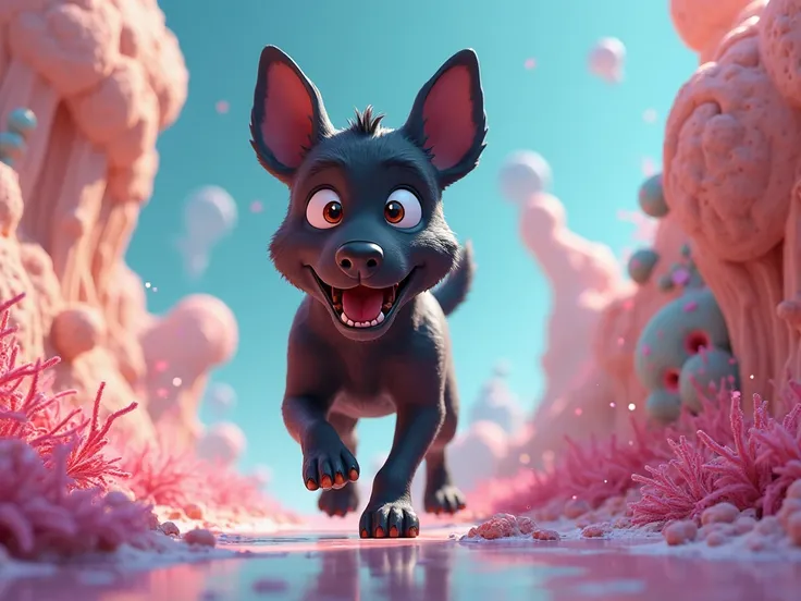 The 3D toon with out hair black dog enters a virtual landscape filled with surreal, hand-drawn or painted textures, showcasing motion graphics animation style 