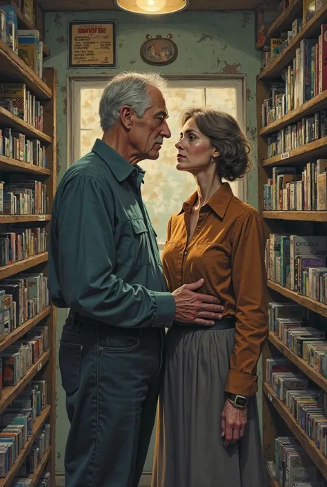 Illustration of two agers (Man and woman) in a movie store with a nostalgic and melancholic touch 