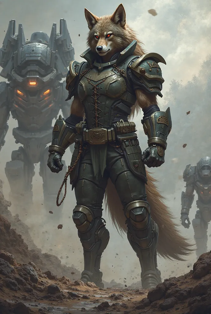 Muscular furry she-wolf woman, in military form, daring nature and hatred for robots 