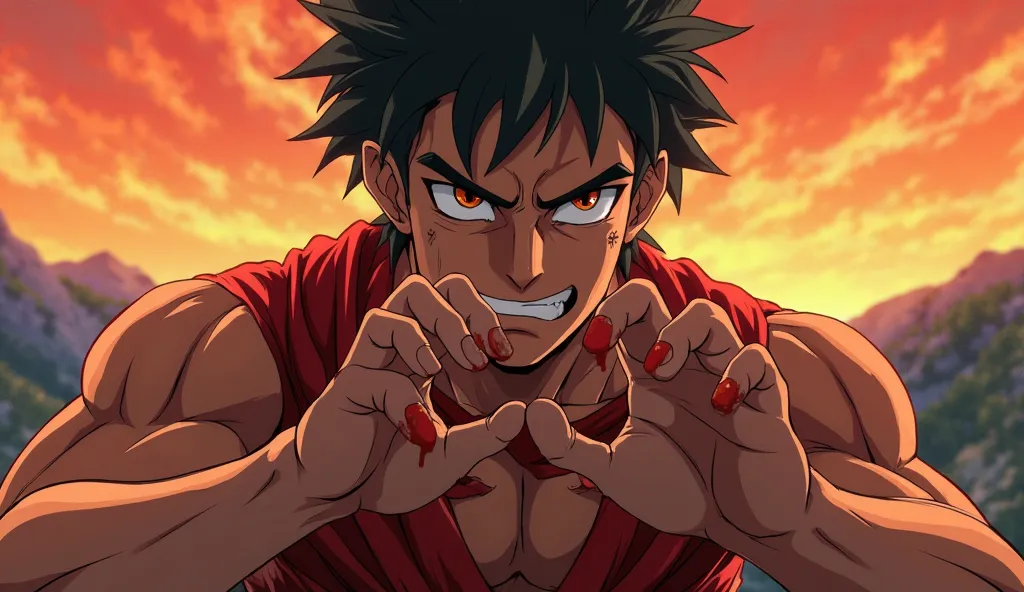 Shonen anime style, point of view of Samson looking at your hands with some blood. Dramatic lighting, vibrant colors, realistic details in muscles and intense expressions. Background: distant mountains and orange sky