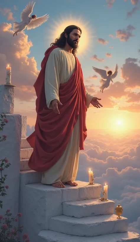 Jesus beautiful face shiny aura dark hair in heaven on the sky on white stairs glorious 
Hyperrealistisch detailliert
Jesus simple glowing beige red robe staying on white stairs temple greek style 
Emotional historical blue mystery atmosphere 
Candles blue...