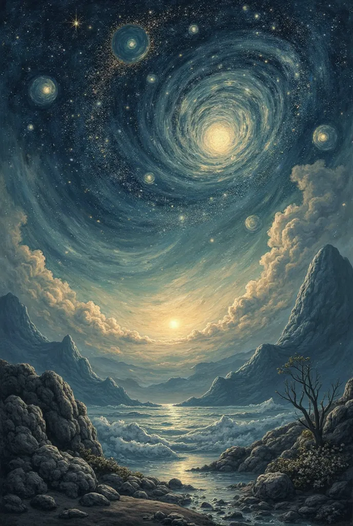 image with quite a few muted colors, Somewhat graphite, Similar to the starry night, But without landscape