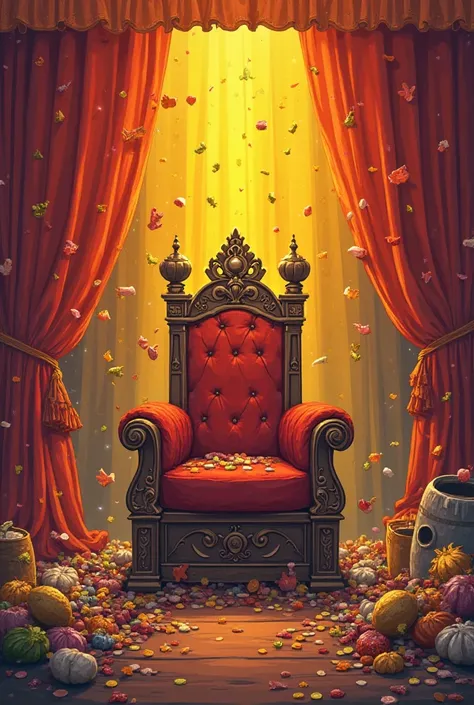 A ren's theater poster. The name of the game is vitamin. Background colorful orange yellow red mixed cartoon colors. Characters and people There are no ren. King's throne made with metal Garbage container Around there are chocolate confectionery waste and ...