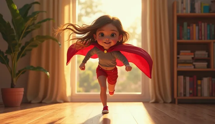 a young girl running into a room, wearing a superhero cape, dynamic pose, excited expression, long hair, detailed facial features, colorful superhero costume, bright red cape flowing behind, sunlight streaming through window, wooden floor, bookshelf in bac...