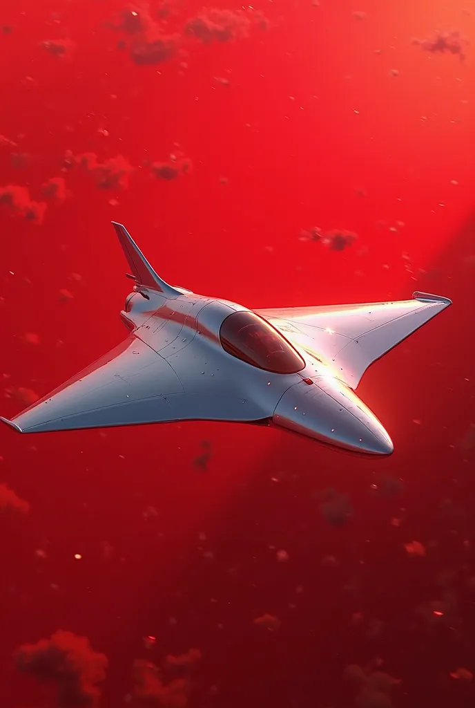 Silver plane flying on a red background