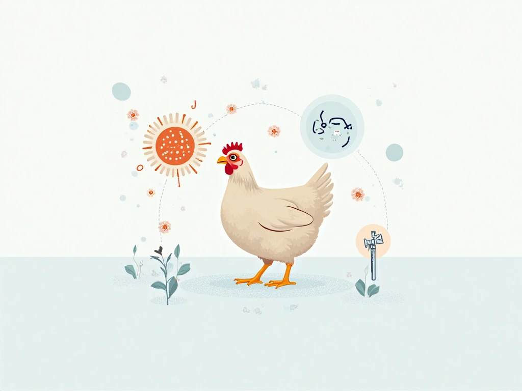 Create a minimalistic and scientific illustration of Infectious Coryza in Poultry. The image should focus on the key aspects of the disease in a clean, modern, and visually appealing style. Use the following elements:

Central Focus: A single, realistic ch...