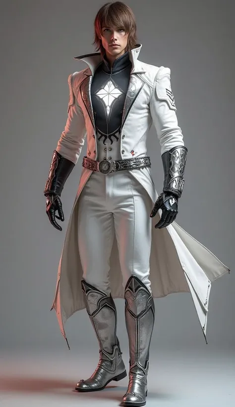 
man/  straight brown hair/ glowing white eyes/ high/ strong/ full body/ White full suit/ Red detail/ Black and silver leather gloves/ Black and silver leather boots/ Electric glow on the hands/ floating/ silver belt/ Realistic/ High quality lines/ 16k/ he...