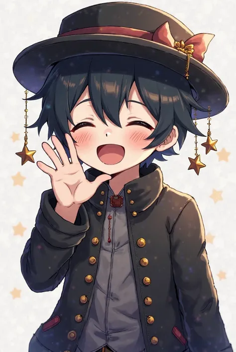 White-skinned anime boy wearing a black hat with hanging stars, black hair and a black jacket laughing and waving with his left hand 