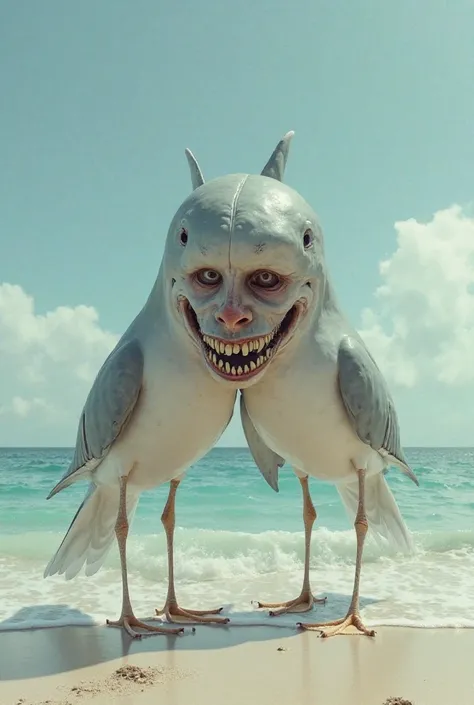 Human Head Stuck With Two Sharks With Gull Legs On The Beach 