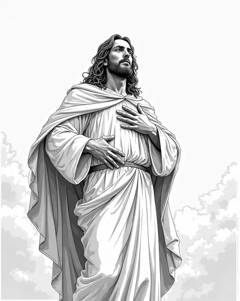 Image of the resurrected Jesus in a three-room medium plane with a cloak only over his shoulders, He has his hands resting on his body one on his chest and white the other on his hip he is tilted back slightly behind his head you can see the cloudy sky it ...