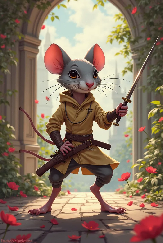 I want you to create an aestheric illustration for an RPG character, What is a young humanoid rat, with a fencing sword around her waist