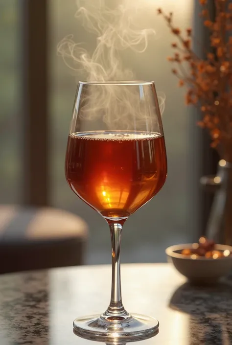 A close-up of an elegant, transparent wine glass with a tall, slender stem, filled to the absolute brim with hot, amber-colored tea. The liquid reaches the very edge of the glass, forming a delicate meniscus due to surface tension. A slight wisp of steam r...