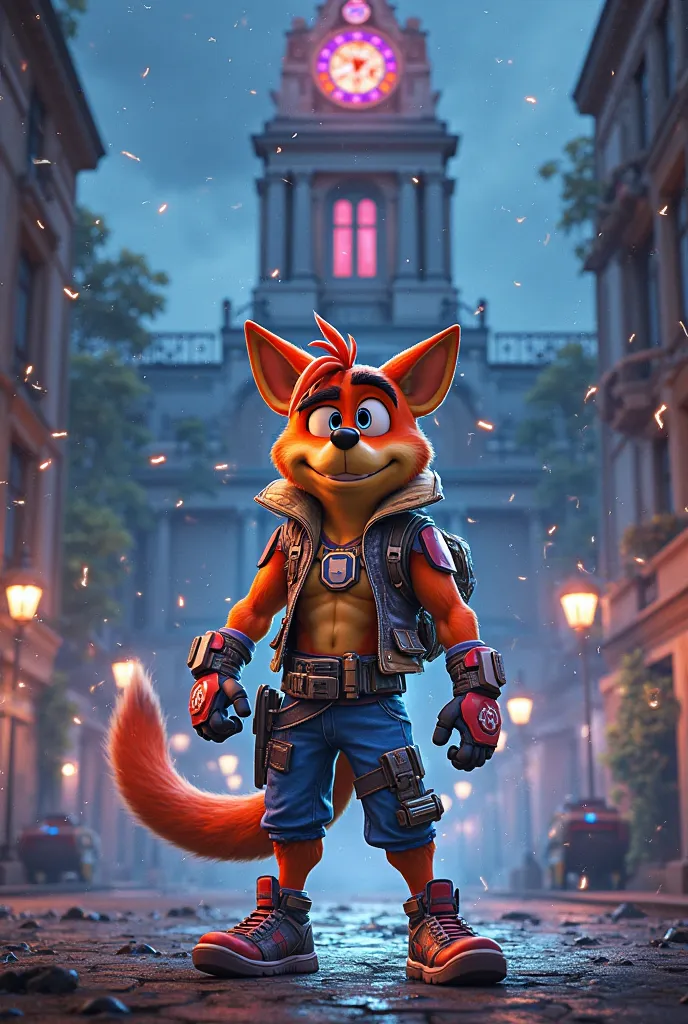 Character Crash Bandicoot wearing the costume of the legend Mirage from Apex Legends and as a background is outside the RPD police station in Raccon City.