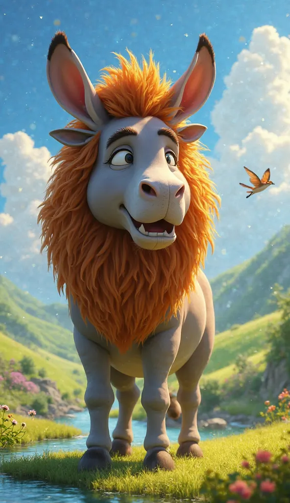 Make the donkey dressed in the lion's skin feel powerful, Disney pixar style 