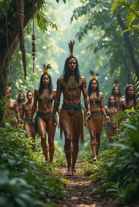 Create an image of a tribe in the heart of a jungle
