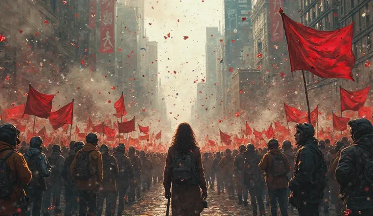 Description: Depict a chaotic scene of global protests and counter-protests. Show crowds rallying for and against the hybrid program, with banners and slogans reflecting the diverse opinions. Include a small, determined figure of Elara amidst the chaos, he...