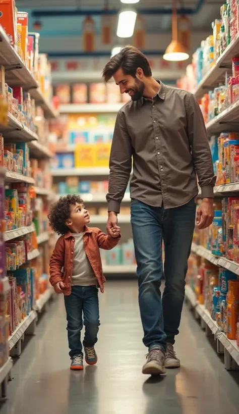 "A young , with wide eyes full of wonder, holds their father's hand tightly as they walk through a brightly lit store. The father, tall and reassuring, smiles down at the , his presence a steady anchor in the bustling environment. Shelves stocked with colo...