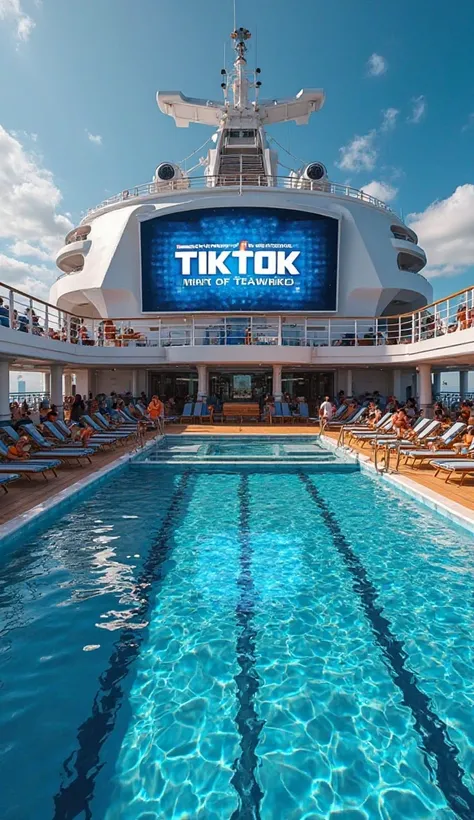  ultra-realistic , photorealistic,  huge digital billboards written TIKTOK 10K near the pool on the cruise ship monitor designed the name Teamwork on a large screen on the ship the name Teamwork in the image of to get a good look at the name Teamwork 