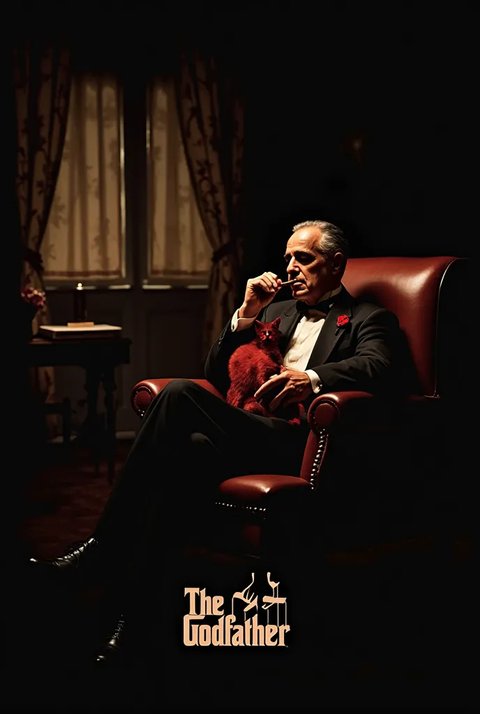 Realistic portrait of the godfather. The godfather is sitting in a dark room on an armchair. He strokes a red cat and smokes a cigar. In the background you can see a desk in the shade and a curtained window. At the bottom you can see the inscription The Go...