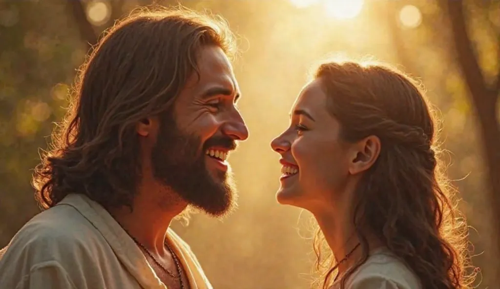 A highly detailed and ultra-HD digital painting of Jesus Christ with a warm, kind smile, looking at a joyful . The  laughs openly with a wide, radiant smile, eyes sparkling with happiness. The sunlight filters gently through the trees, casting a golden glo...