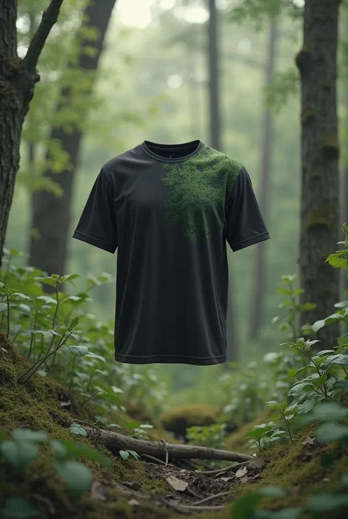 Make just an interclass shirt floating on a forest background with a minimalist representation of Ghillie du shirt colors black and green