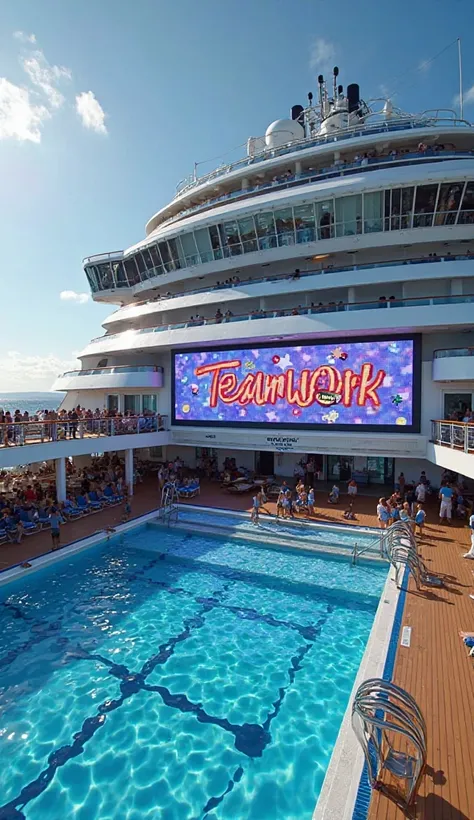  ultra-realistic , photorealistic,  huge digital billboards written TIKTOK 10K near the pool on the cruise ship monitor designed the name Teamwork on a large screen on the ship the name Teamwork in the image of to get a good look at the name Teamwork 