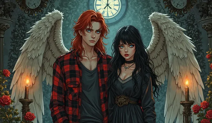 A gothic angel couple in a Memento Mori-themed scene, illustrated in the style of a 1970s anime with hand-drawn textures, dramatic shading, and a slightly grainy, vintage aesthetic. The male angel, ArkhangeL, has long, flowing red hair, piercing blue eyes,...