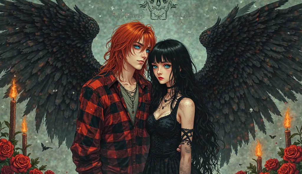 A gothic angel couple in a Memento Mori-themed scene, illustrated in the style of a 1970s anime with hand-drawn textures, dramatic shading, and a slightly grainy, vintage aesthetic. The male angel, ArkhangeL, has long, flowing red hair, piercing blue eyes,...