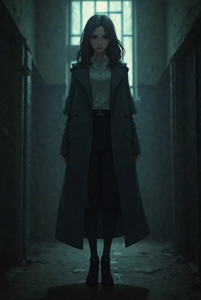 generate me Caitlin Kiraman from Arcane. she's standing full length looking at the camera wearing a coat from season 2. she's standing in a slightly dark jail hallway from season 2 