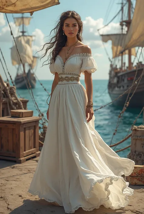 Peux tu modifier l'image en donnant une robe blanche à la femme dans un style de pirate. Il faudrait qu'en arrière plan des bateaux partent au large