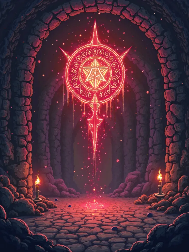 

An arcane symbol shining red,  in a dungeon, in retro animation, fancy,  Realistic, pixelart,  Pixel art 