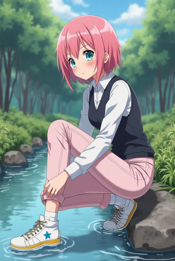 Anime girl, pink short hair, blushing, long sleeved white blouse, short black vest, long light pastel pink jeans, legs of her pants are wet to the knees, white socks, hi white sneakers with yellow stripes and a blue star, kneeing on a rock in a small river...